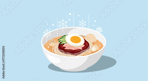 A refreshing cartoon illustration of a large bowl of Korean cold noodles (Naengmyeon) with egg, cucumber, and meat, featuring decorative snowflakes.
