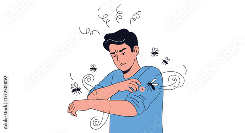 A man is visibly annoyed and scratches his arm because of irritating mosquito bites, with several blood-sucking insects swarming around him.