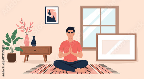 A calm man practices mindful meditation in a cozy, sunlit room, fostering peace and well-being at home.