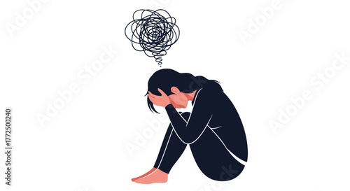 Illustration of a distressed person sitting with head in hands, symbolizing mental health issues, anxiety, and overwhelming tangled thoughts.
