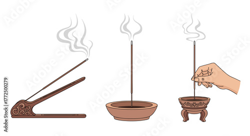 Illustrations depicting different ways to burn incense sticks, including a long holder, a bowl, and a hand placing a stick into an ornate censer.