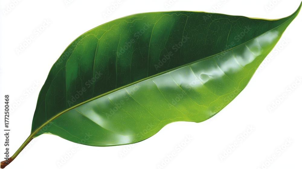 Fototapeta premium A leaf with a vibrant green color, featuring serrated edges and a noticeable central vein, is shown against a plain white backdrop