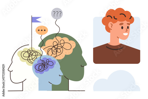 Outlines of heads with tangled lines evoke thoughts, questions, creativity, emotions, and brainstorming. Portrait symbolizes clarity. Ideal for growth, learning, mental health creativity