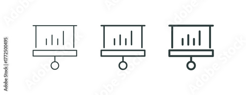 Analytics, report data and business presentation symbol outline icon. Minimalist line sign projection screen with chart bars. Vector isolated pictogram for web, app, office and corporate design.