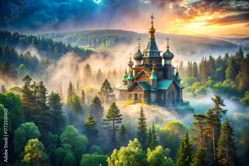 Double Exposure: Sludskaya Church & Mystical Forest - Dramatic Stock Photo