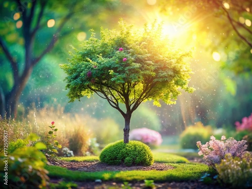 Double Exposure: Small Tree in Serene Garden - Nature Photography