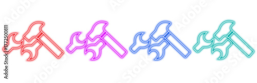 Four neon hammer and wrench icons in different colors, , symbolizing tools and construction
