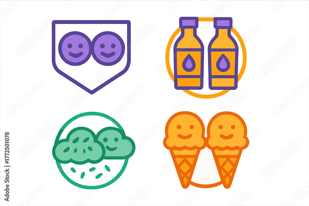 Fototapeta premium Colorful set of four symbols: happy faces on a shield, beverage bottles, raining cloud, and ice cream cones