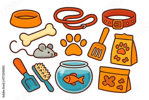 Set of essential supplies and accessories for domestic pets including dogs, cats, and fish