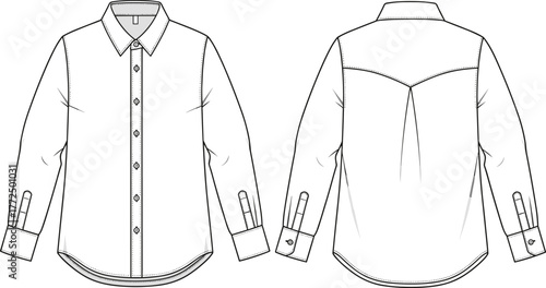 Technical Flat Sketch of Classic Long-Sleeve Button-Up Shirt with Collar, Cuffs, Yoke, Box Pleat, and Curved Hem Design