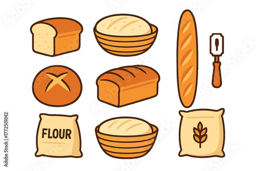 Collection of bakery elements including sliced bread, round loaf, baguette, dough, and flour sacks