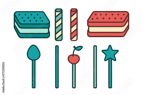 Colorful summer dessert and cocktail garnish icons on a white background