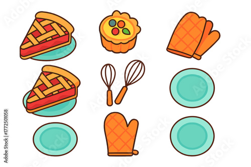 Colorful set of baking tools and desserts including pie slices, oven mitts, and whisks