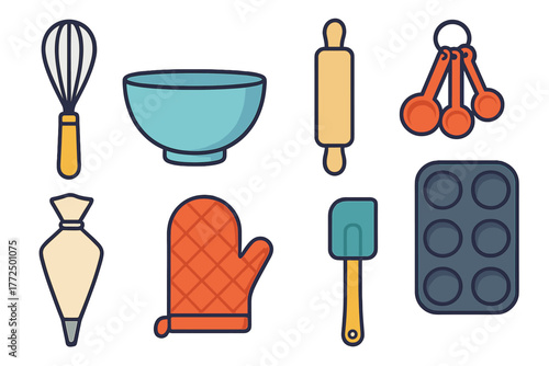 Essential kitchen utensils and equipment collection for baking and cooking preparation