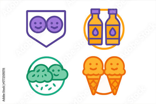Colorful set of four symbols: happy faces on a shield, beverage bottles, raining cloud, and ice cream cones