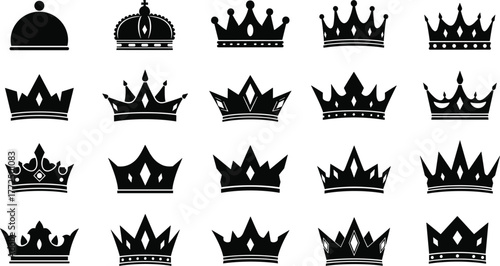 Black Crown Silhouettes Collection Featuring Ornamental Royal Designs, Heraldic Symbols, Regal Styles, and Decorative Elements for Graphic and Icon Use