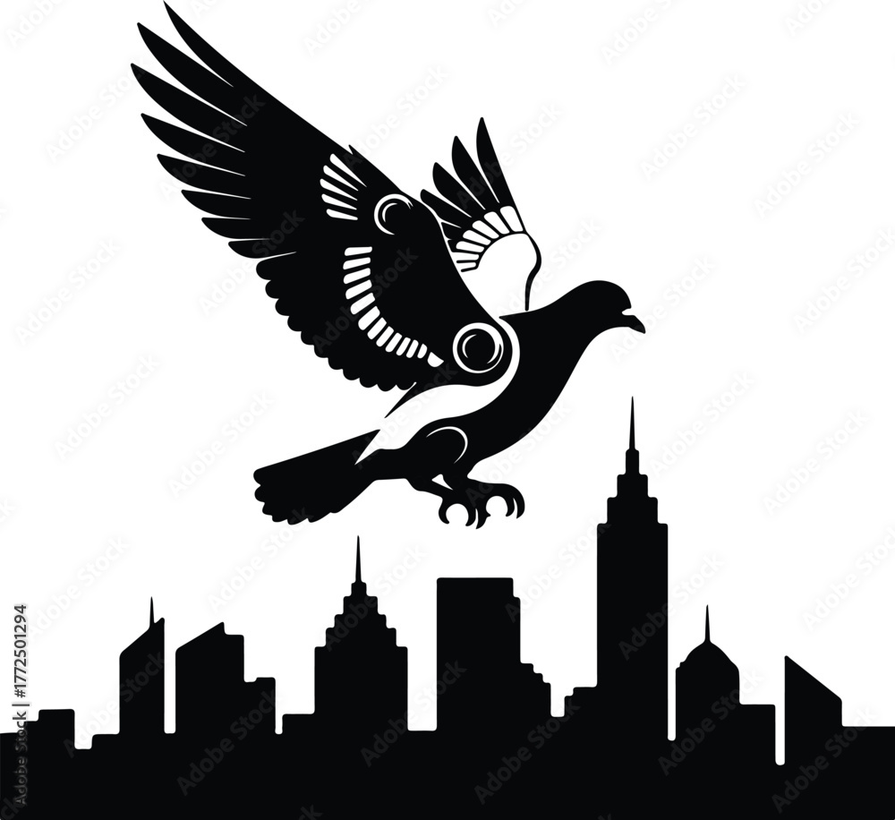 Obraz premium Silhouette bird flying over the city buildings vector illustration