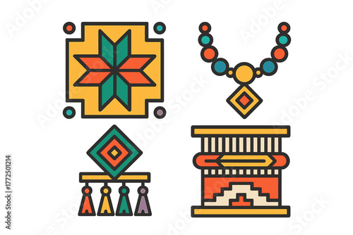 Colorful traditional ethnic symbols and geometric ornaments including beaded necklace and weaving elements
