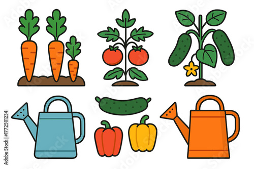 Colorful collection of fresh garden vegetables and essential farming tools