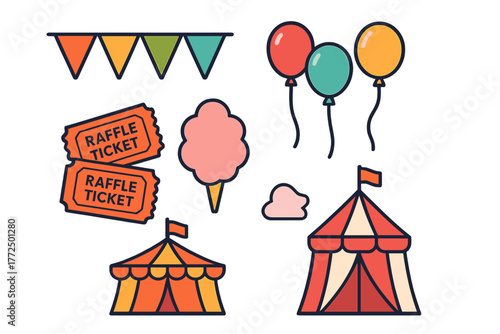 Colorful carnival and fair icons set with tents, balloons, raffle tickets, and cotton candy