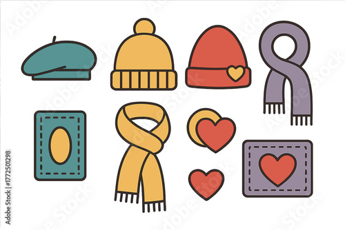 Colorful winter accessories collection featuring knit hats, scarves, beret, and hearts