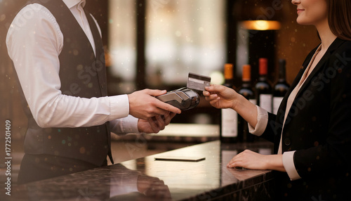 Close-up of elegant woman paying by credit card in luxury restaurant