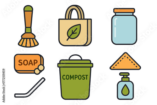 Eco-friendly household items set including compost bin reusable bag soap and cleaning brush