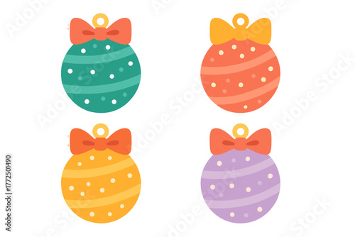 Set of four colorful Christmas baubles decorated with festive bows and various patterns