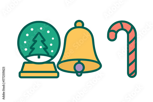 Festive icons set featuring a snow globe, Christmas tree, golden bell, and striped candy cane