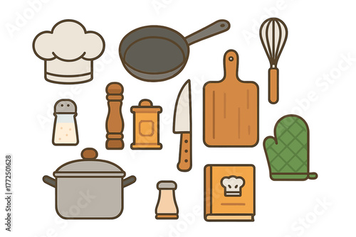 Essential cooking tools and kitchen equipment set including chef hat, pan, and cutting board