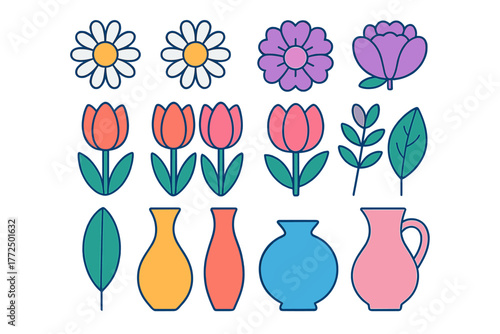 Colorful collection of stylized spring flowers, green leaves, and decorative ceramic vases