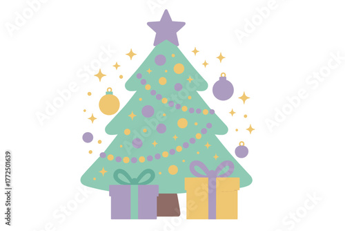 Pastel Christmas tree decorated with ornaments and star surrounded by wrapped holiday presents