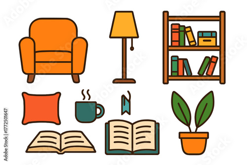 Cozy interior elements set for reading and relaxation including furniture and books