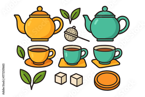 Brightly colored assortment of teapots, cups, saucers, tea leaves, and sugar cubes for hot tea service