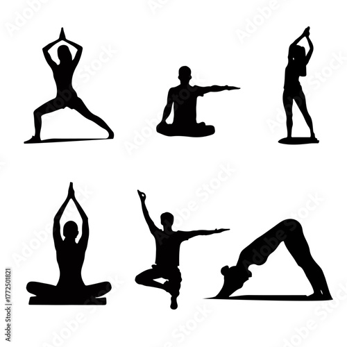 Set of Yoga Poses Silhouettes. Vector Collection of Diverse Workout and Meditation Icons.