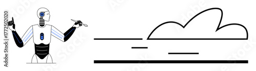 Humanoid robot with mechanical features interacts, highlighting digital cloud theme. Ideal for AI, technology, innovation, cloud computing, automation, digital transformation connectivity. Simple