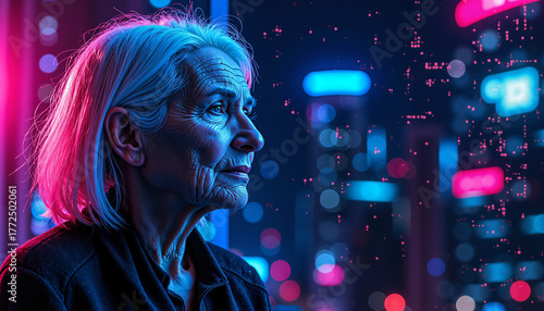 Elderly woman gazing thoughtfully at city lights during nighttime  
