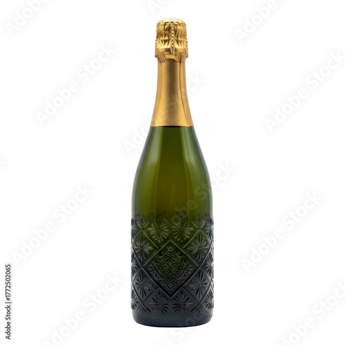 A tall green glass bottle of sparkling wine with a textured lower half and gold foil cap isolated on transparent background