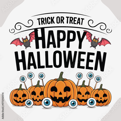 Festive and whimsical Halloween cartoon illustration with grinning pumpkins, flying bats, and 'Trick or Treat Happy Halloween' typography, perfect for autumn celebrations and spooky fun