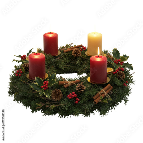A traditional advent wreath with four lit candles and festive decorations isolated on transparent background