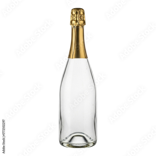 Clear empty glass champagne bottle with golden foil closure isolated on transparent background