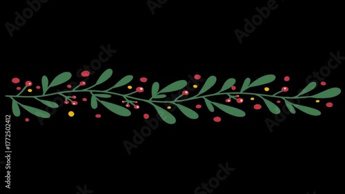 Elegant green branch with red berries. Festive greenery elegantly animates  for the holidays