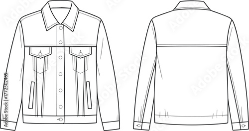 Blank denim jacket technical flat sketch front and back view, unisex jean jacket fashion design template, apparel mockup for clothing design illustration