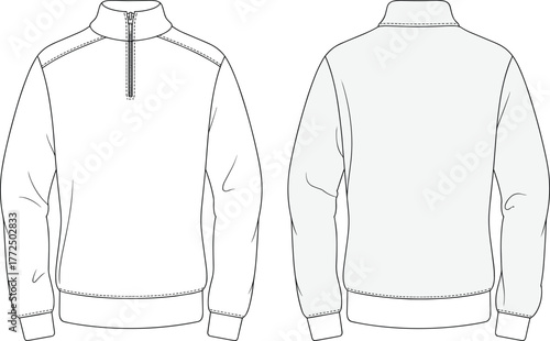 Blank half zip pullover sweatshirt technical flat sketch, front and back view, apparel design template, fashion illustration for clothing production, vector drawing