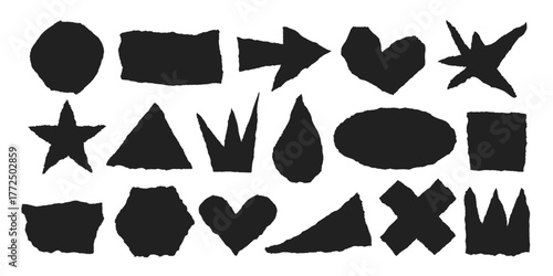 Jagged edge torn paper piece collage grunge cut out shapes vector illustration. Ripped paper abstract frame shape text box template collection.