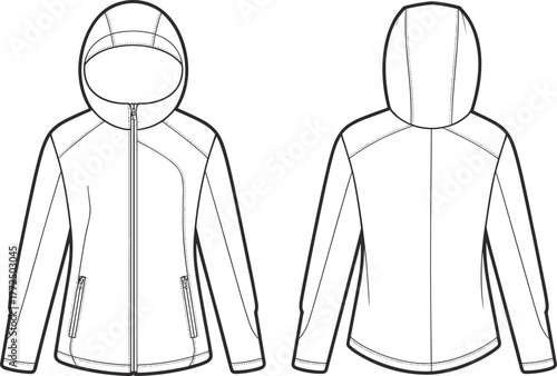 Technical flat sketch of hooded jacket, front and back view, outdoor wear fashion design template, vector illustration for apparel production and garment mockup