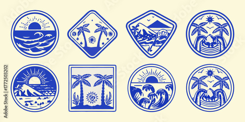 Collection of eight blue tropical island and ocean landscape emblems and badges with sun and palm trees