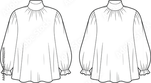 Women’s long sleeve blouse technical flat sketch, front and back view, loose fit gathered top design template, fashion vector illustration for apparel production
