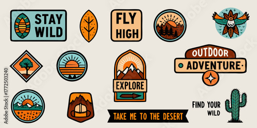 Collection of retro outdoor adventure badges and patches with nature and travel themes