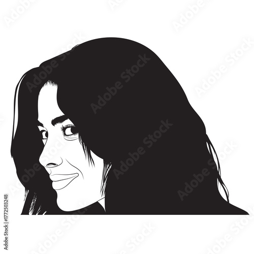 A black and white line-art illustration depicts the profile of a young woman's face, featuring long, flowing dark hair, a sultry expression, and a slight, engaging smile looking over her shoulder.